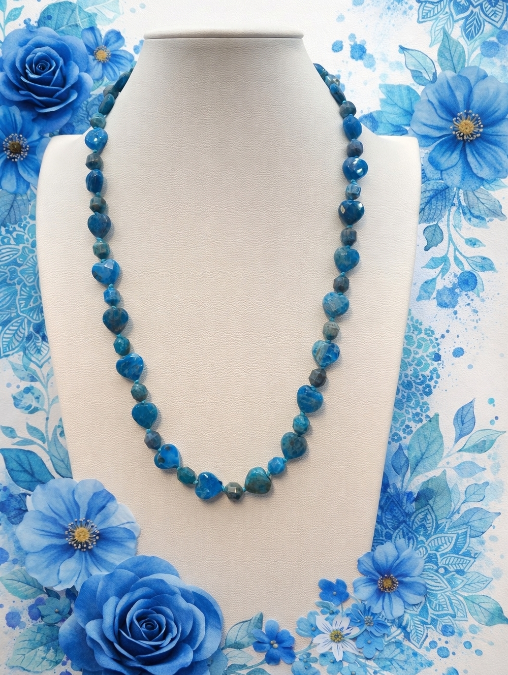 Apatite Natural Gemstone Faceted Heart Hand Knotted  22 Inch Set